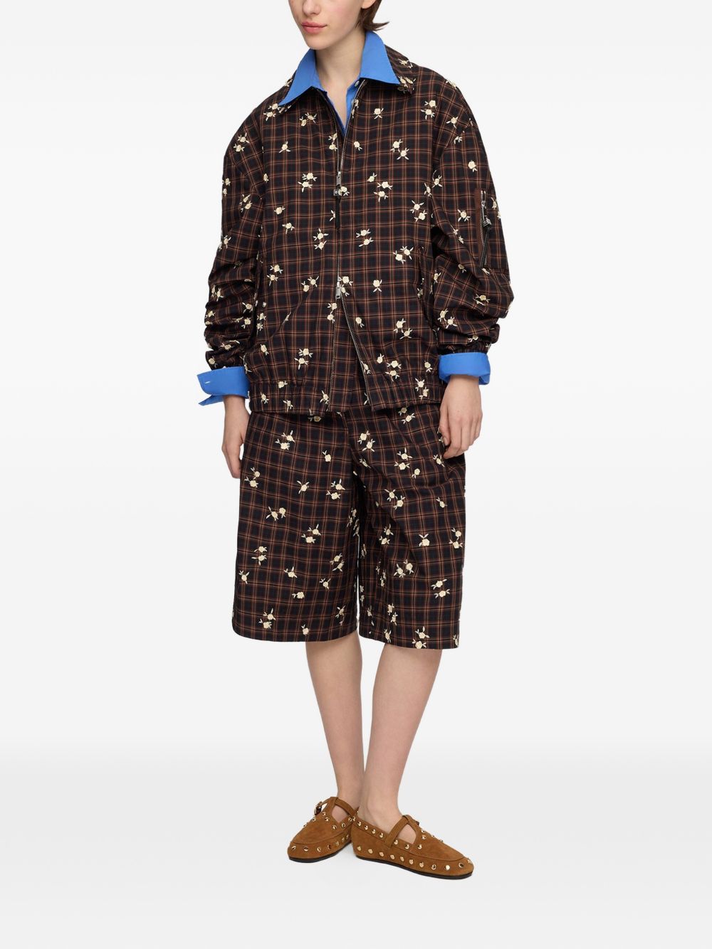 GANNI Giacca Harrington oversize a quadri con ricami floreali