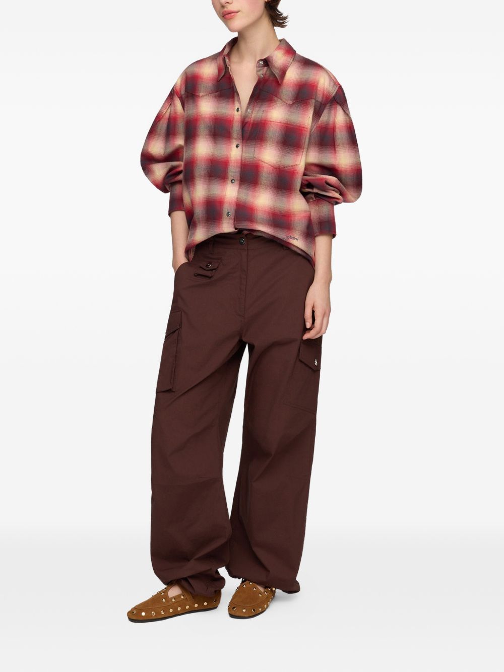 GANNI Camicia in flanella a quadri bordeaux