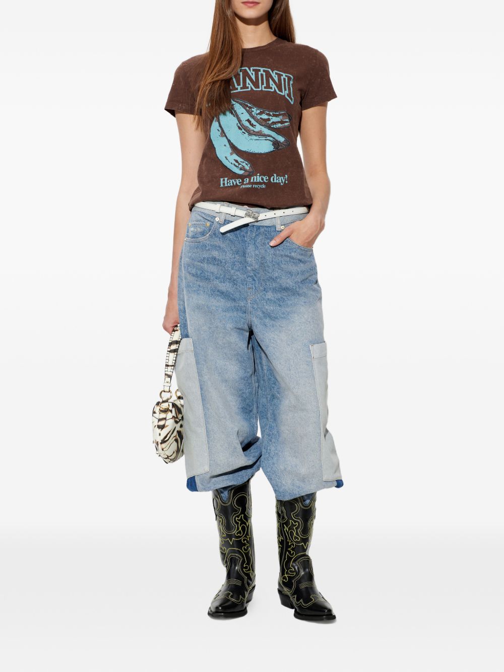 GANNI T-shirt con stampa Banana logo in cotone biologico marrone