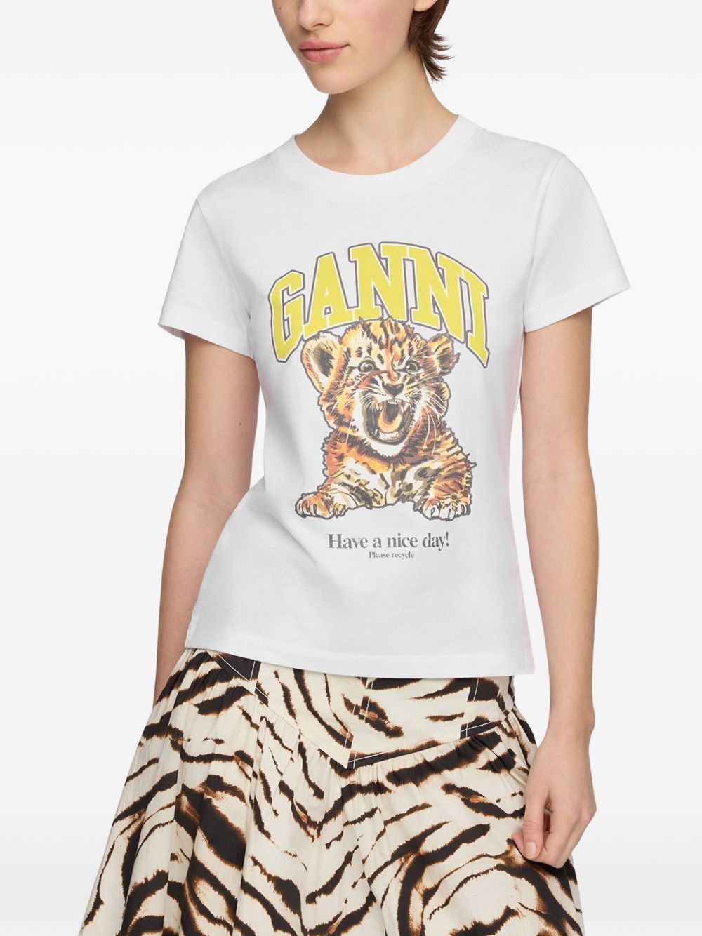 GANNI T-shirt bianca con stampa e logo girocollo