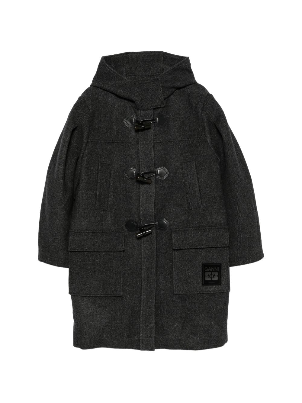 GANNI Cappotto grigio con cappuccio in lana, poliestere e cashmere