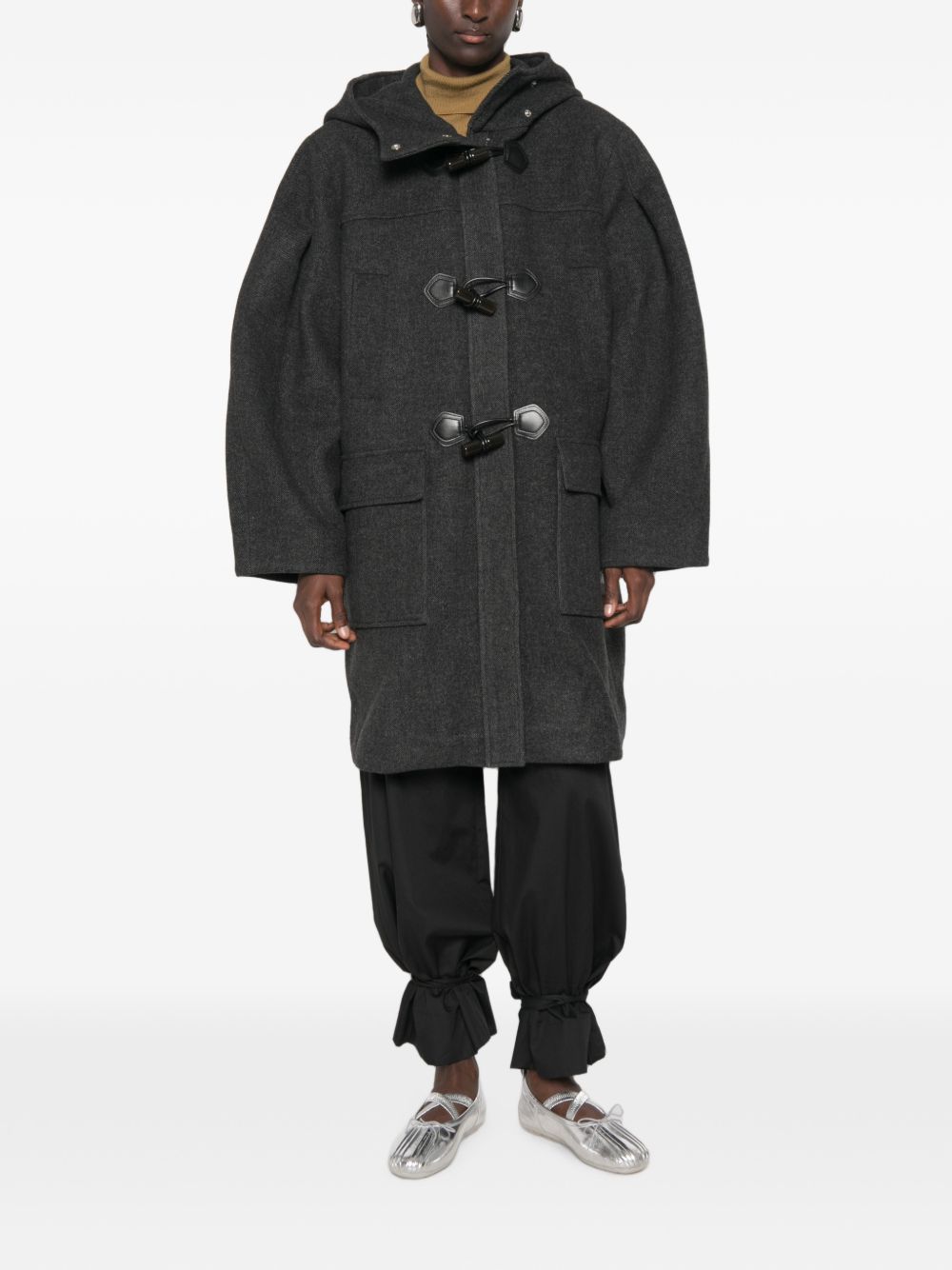 GANNI Cappotto grigio con cappuccio in lana, poliestere e cashmere