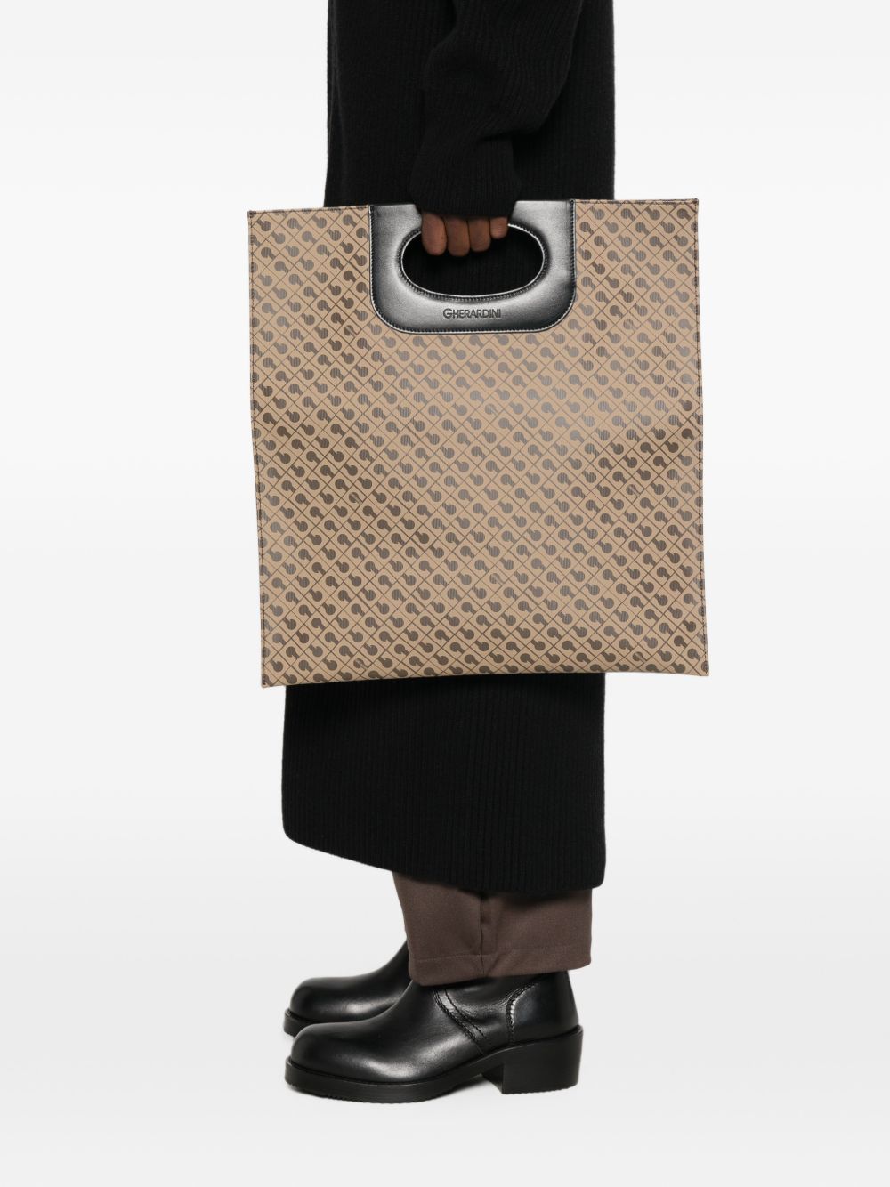 GHERARDINI Borsa Piattina Millerighe Moka marrone con logo all-over
