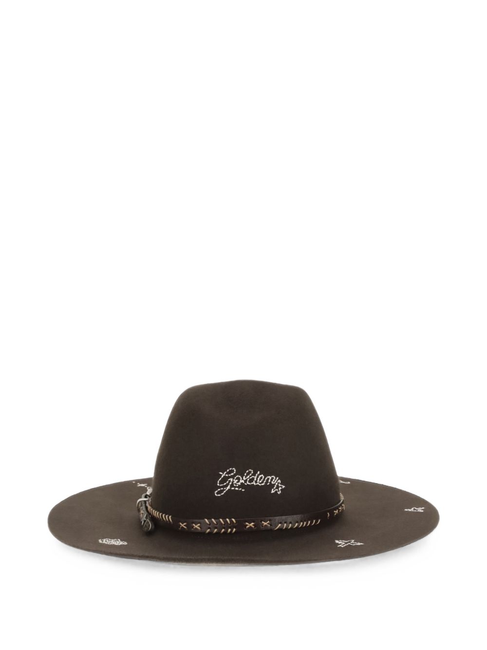 GOLDEN GOOSE Cappello Fedora di colore marrone scuro con cinturino di pelle e ricami bianchi