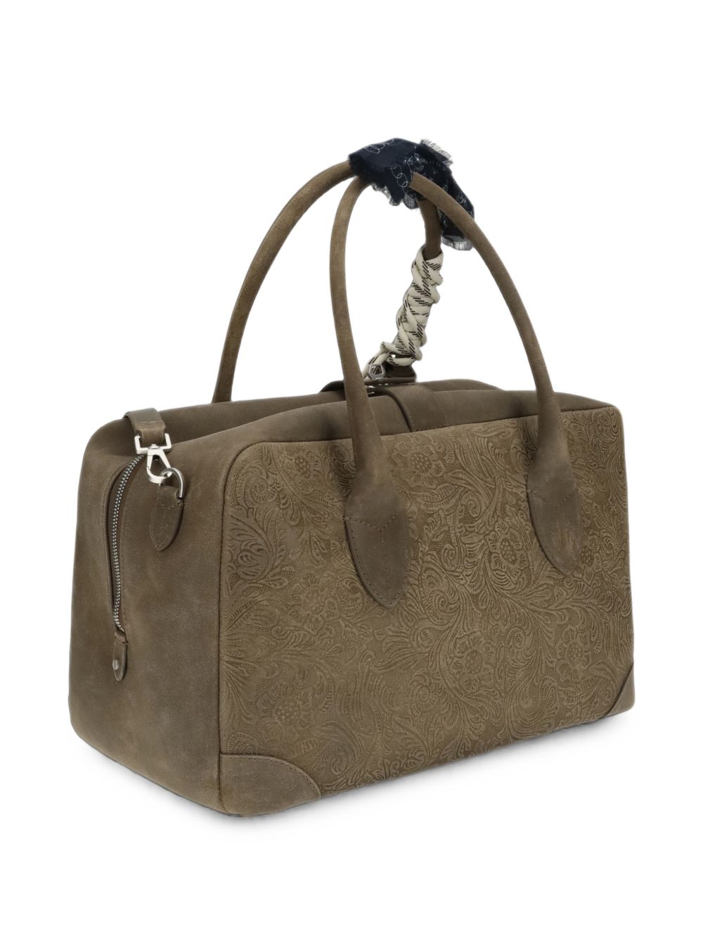 GOLDEN GOOSE Borsa Vita media in pelle scamosciata verde militare con motivo floreale in rilievo e dettagli argento