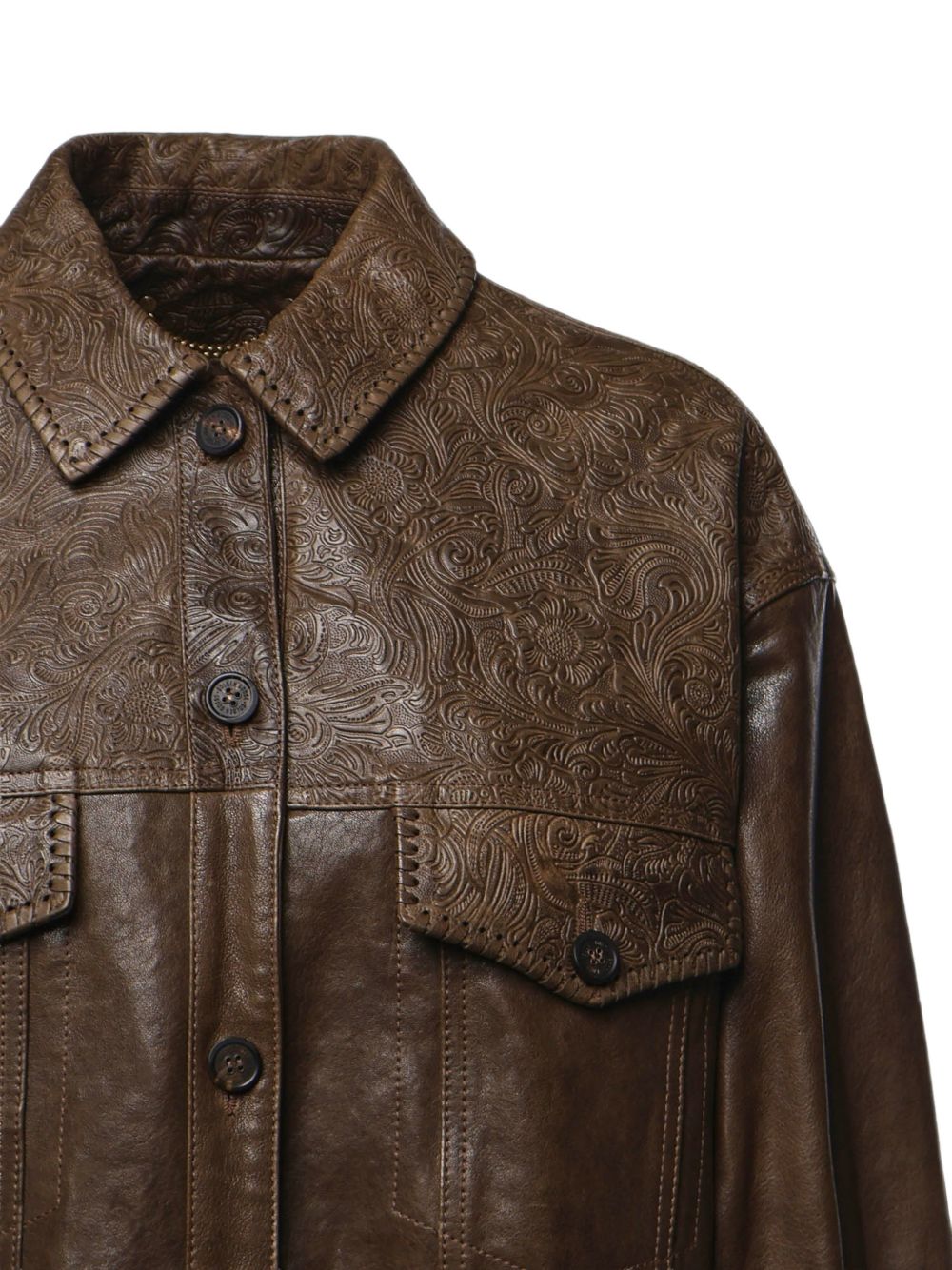 GOLDEN GOOSE Giacca in pelle verde con incisioni floreali