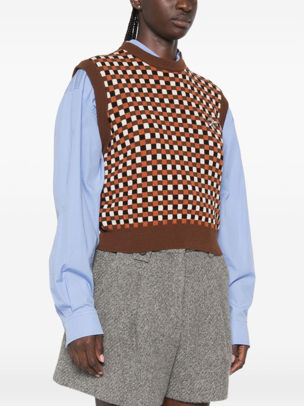 GOLDEN GOOSE Gilet in maglia marrone a quadretti in lana