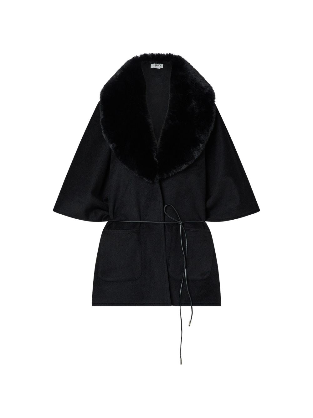 LIUJO Cappotto mantella nero con ecopellicca sul collo