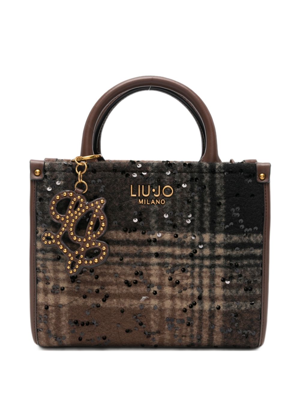 LIUJO Borsa tote in fur con texture tartan marrone e charm