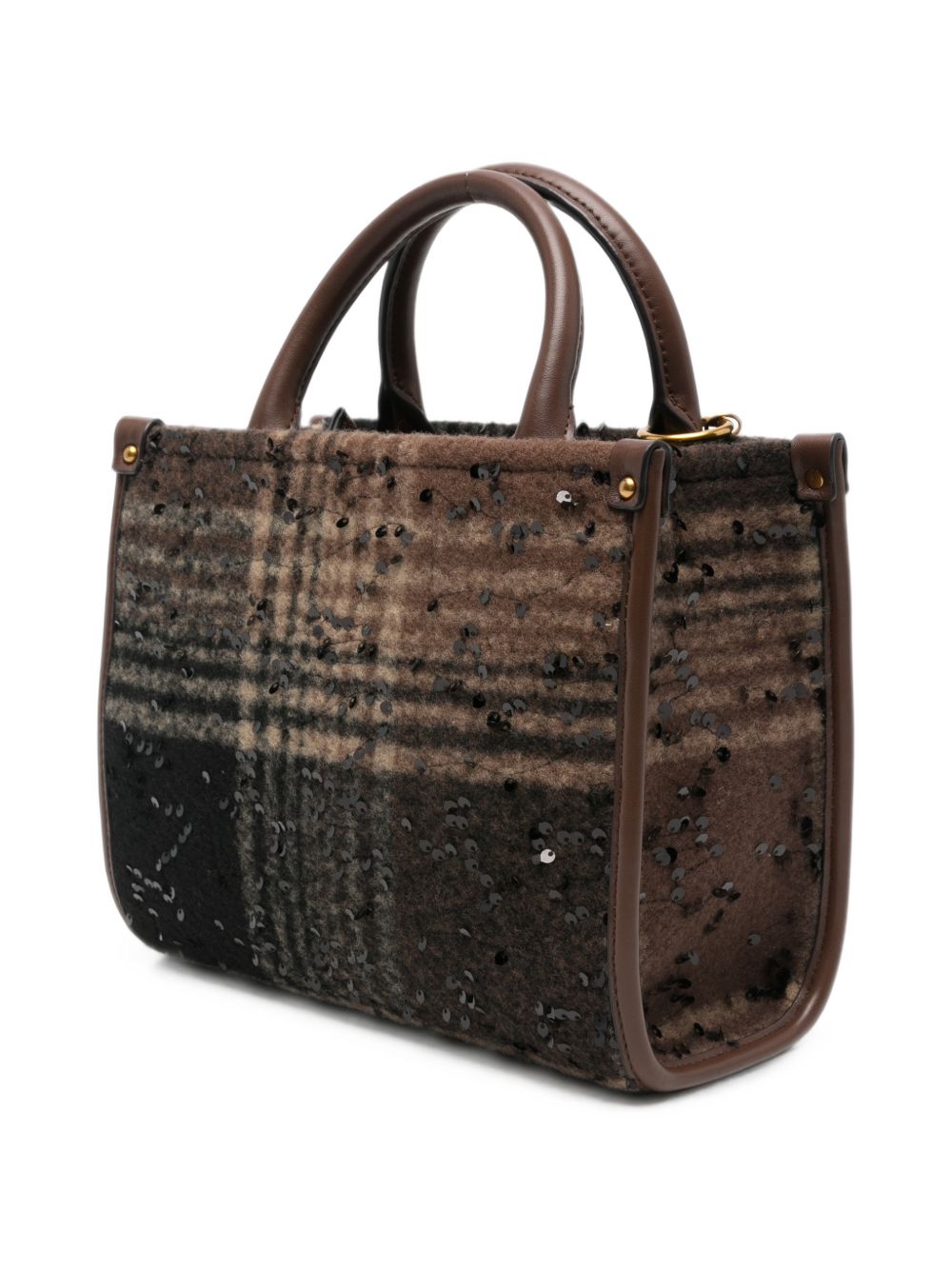 LIUJO Borsa tote in fur con texture tartan marrone e charm