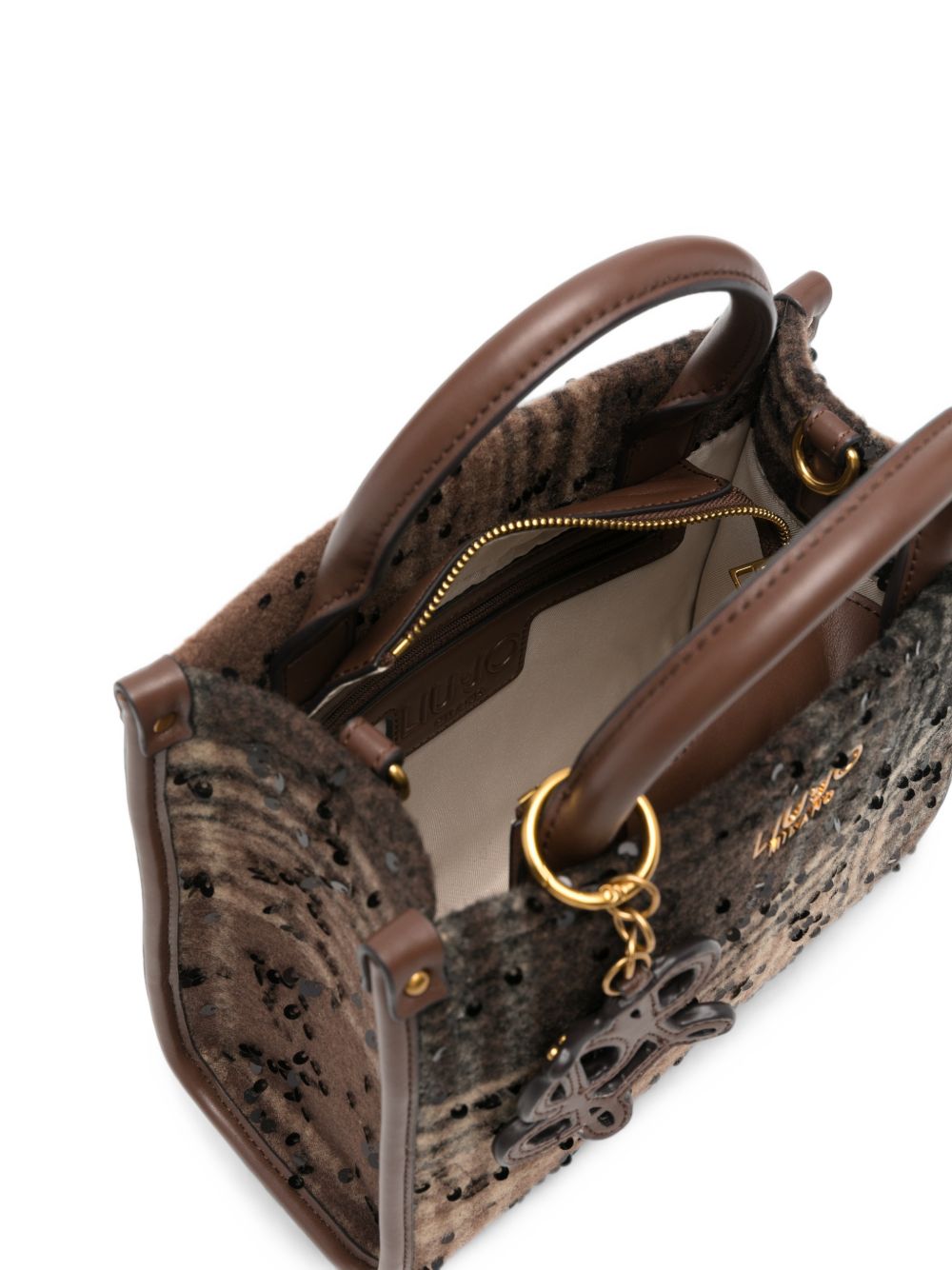 LIUJO Borsa tote in fur con texture tartan marrone e charm