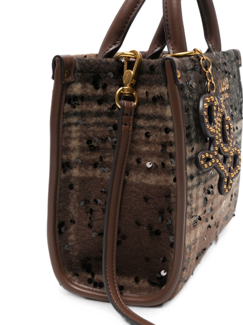 LIUJO Borsa tote in fur con texture tartan marrone e charm