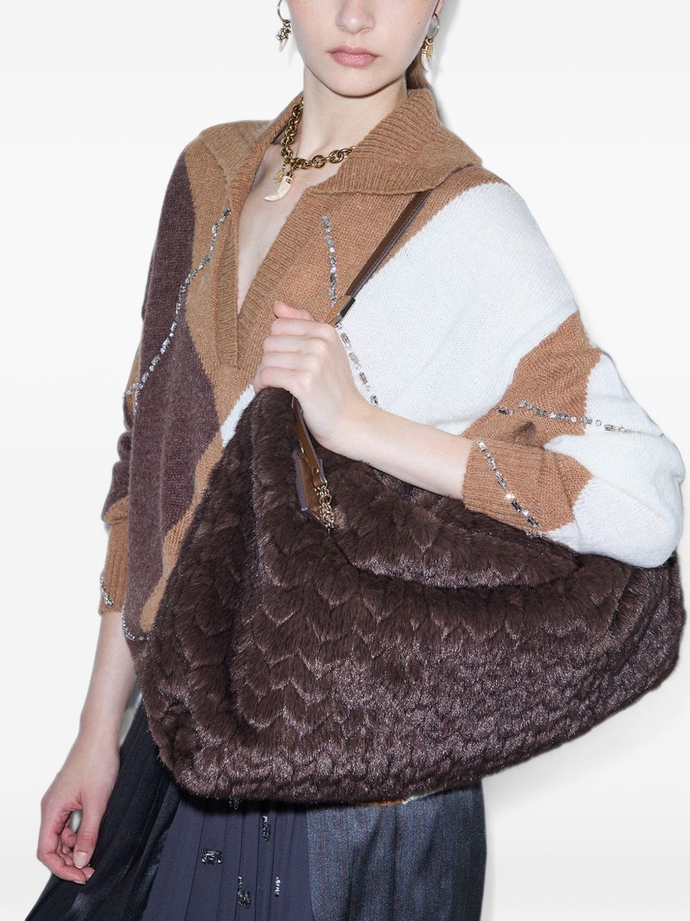 LIUJO Borsa a spalla in ecopelliccia marrone
