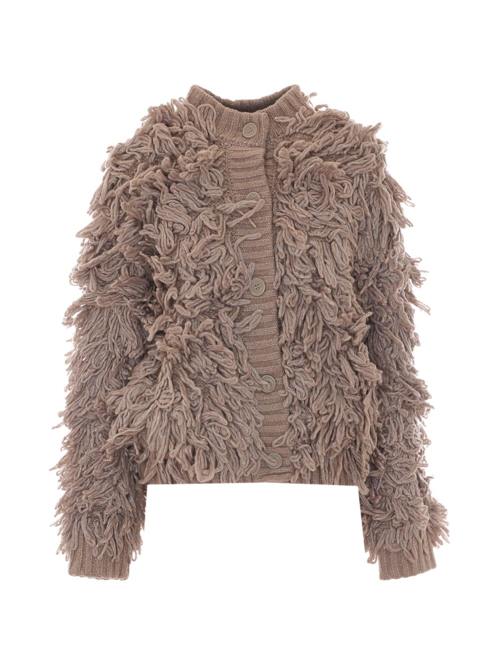 LIUJO Cardigan beige in lana con frange all-over firmato