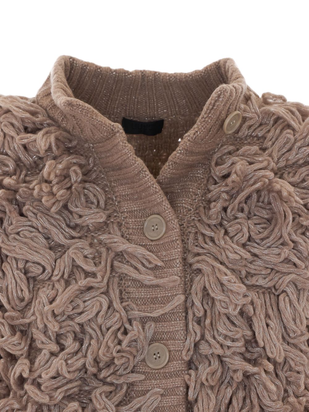 LIUJO Cardigan beige in lana con frange all-over firmato