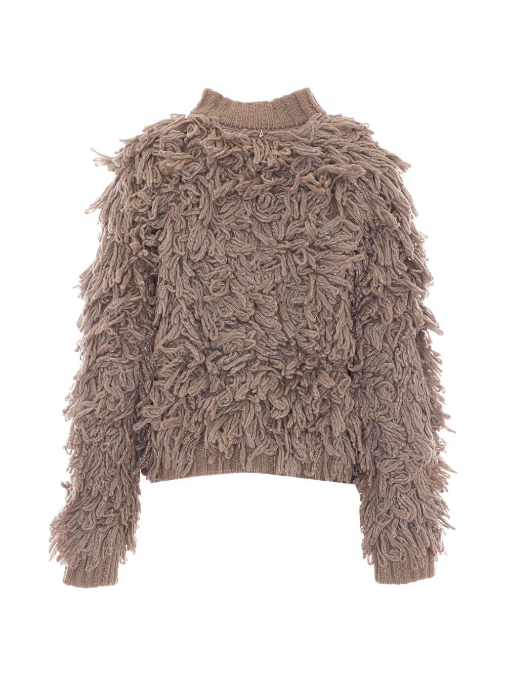 LIUJO Cardigan beige in lana con frange all-over firmato