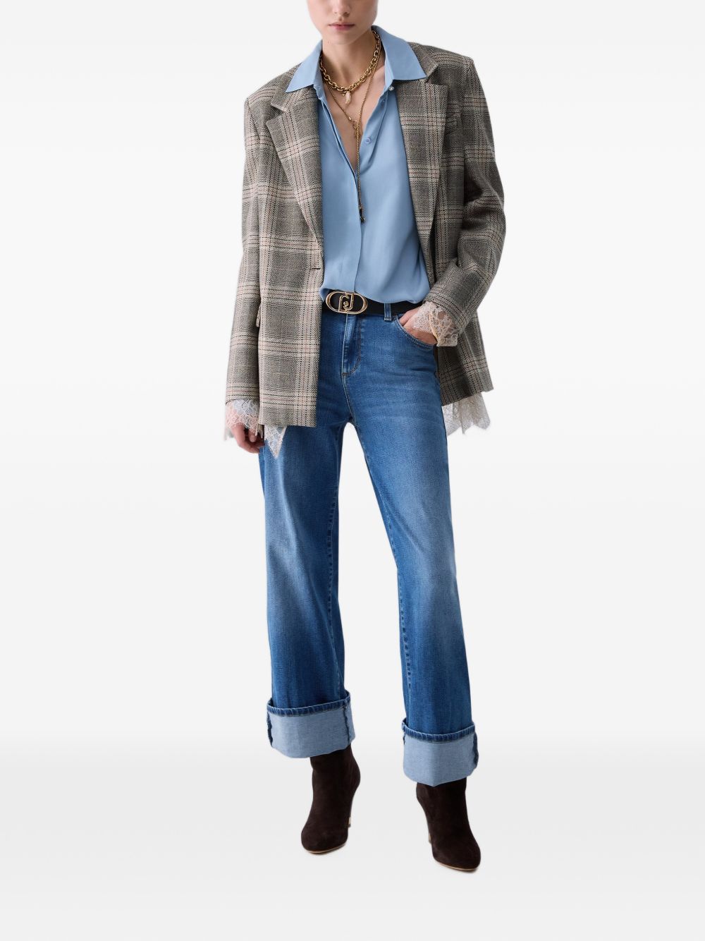 LIUJO Blazer con dettagli in pizzo e texture tartan