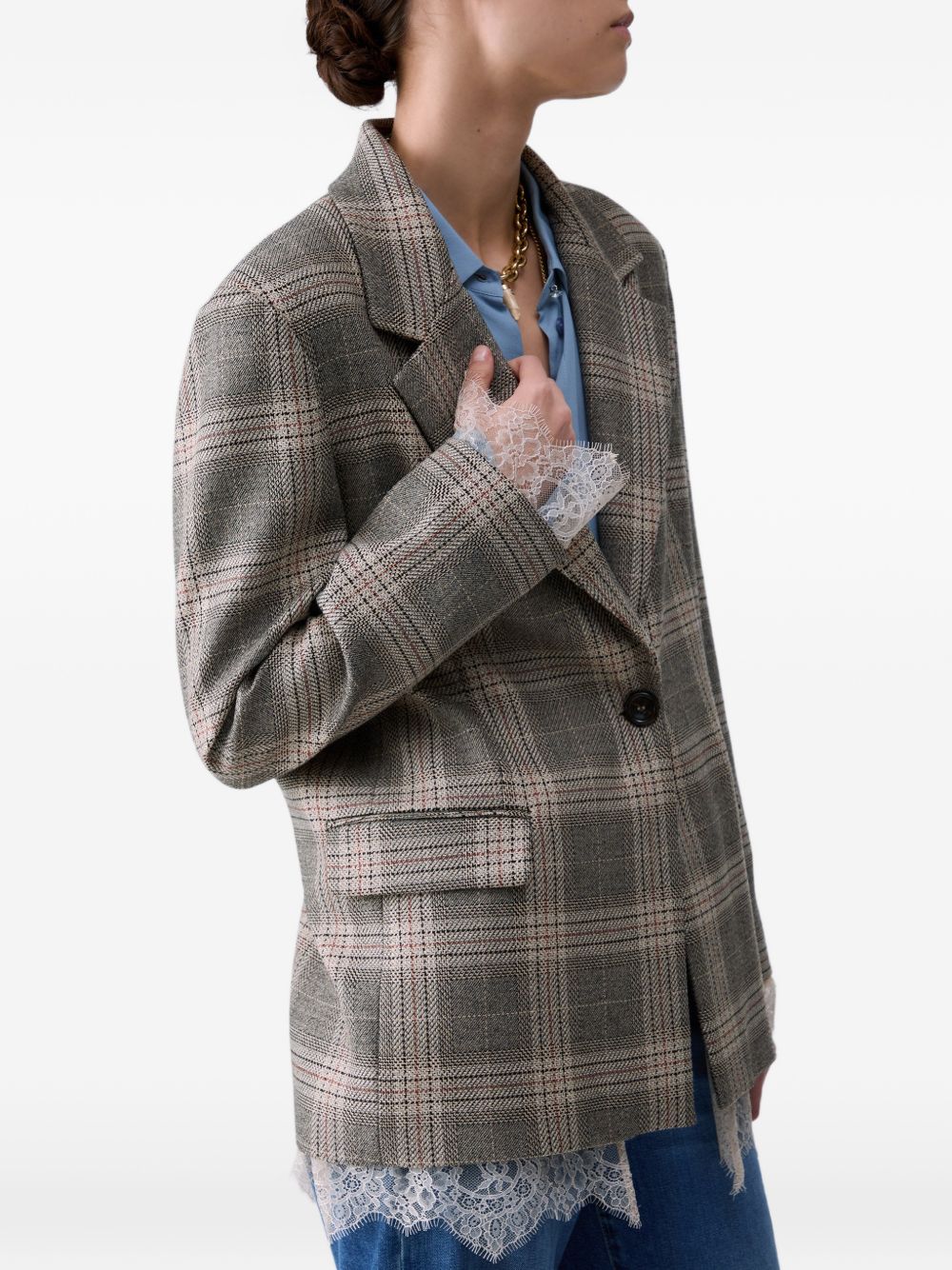 LIUJO Blazer con dettagli in pizzo e texture tartan