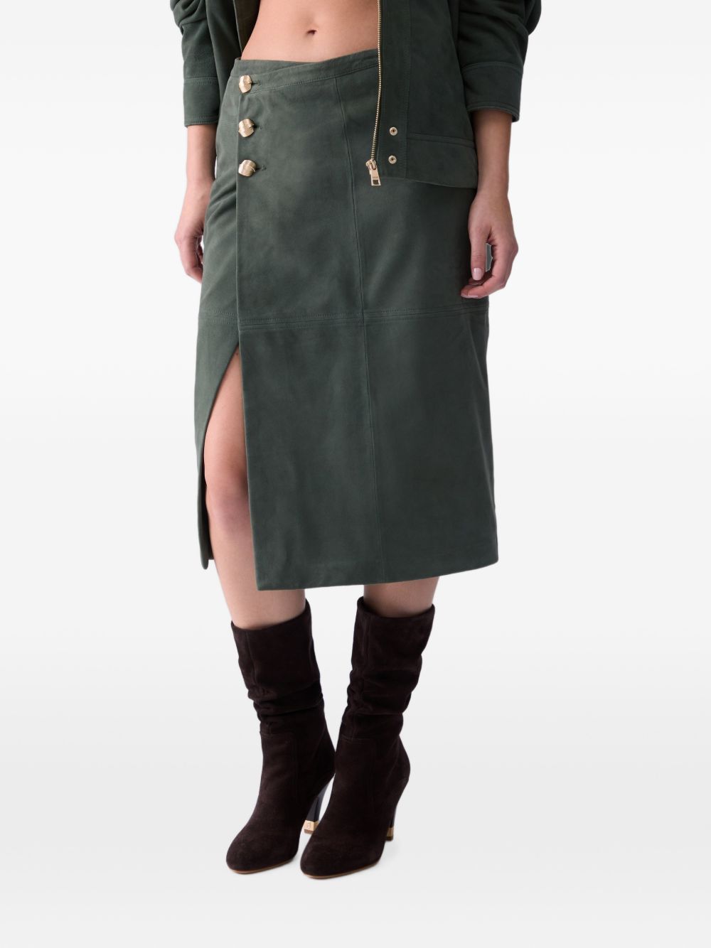 LIUJO Gonna midi in suede verde con bottoni dorati