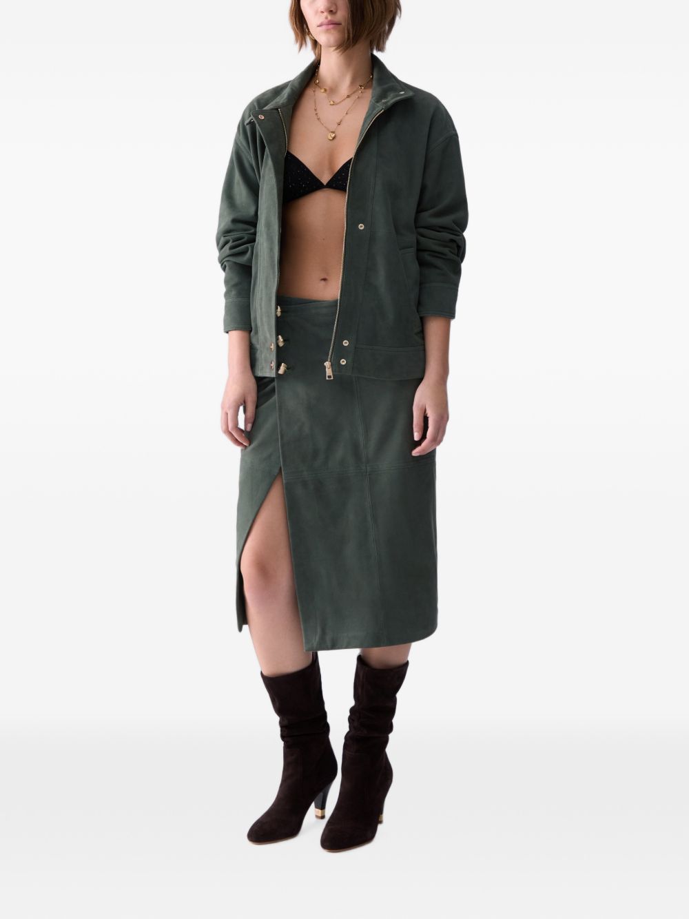 LIUJO Gonna midi in suede verde con bottoni dorati