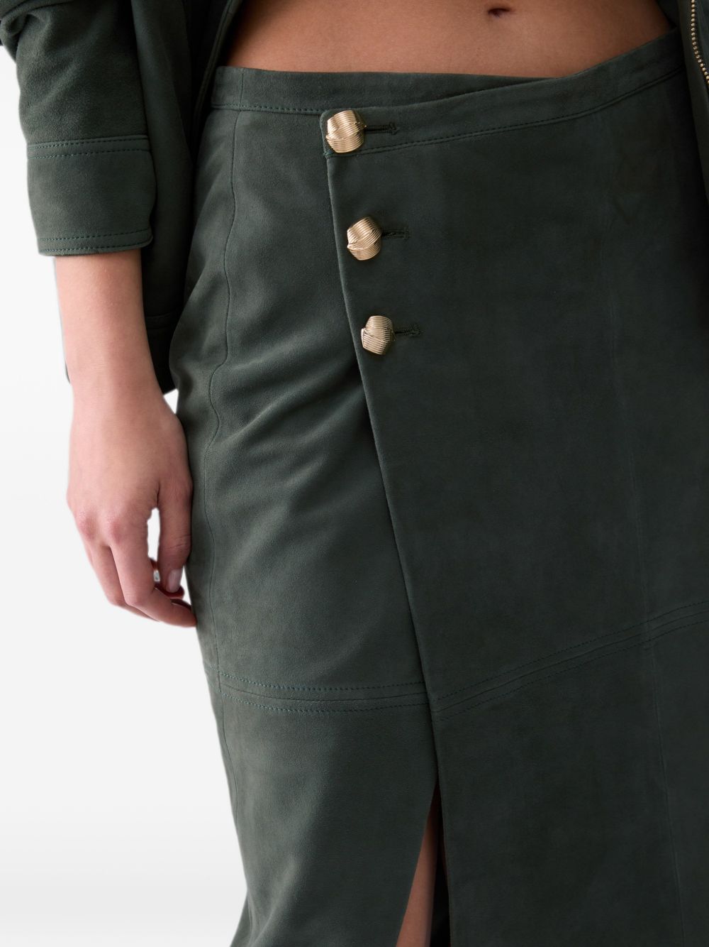 LIUJO Gonna midi in suede verde con bottoni dorati