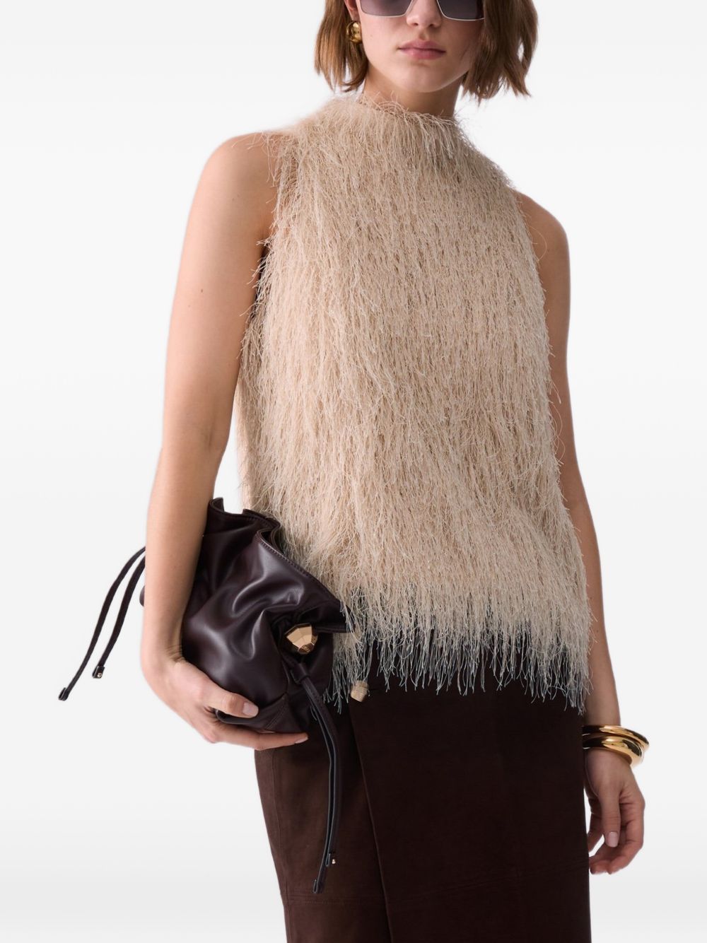 LIUJO Top smanicato color crema con frange