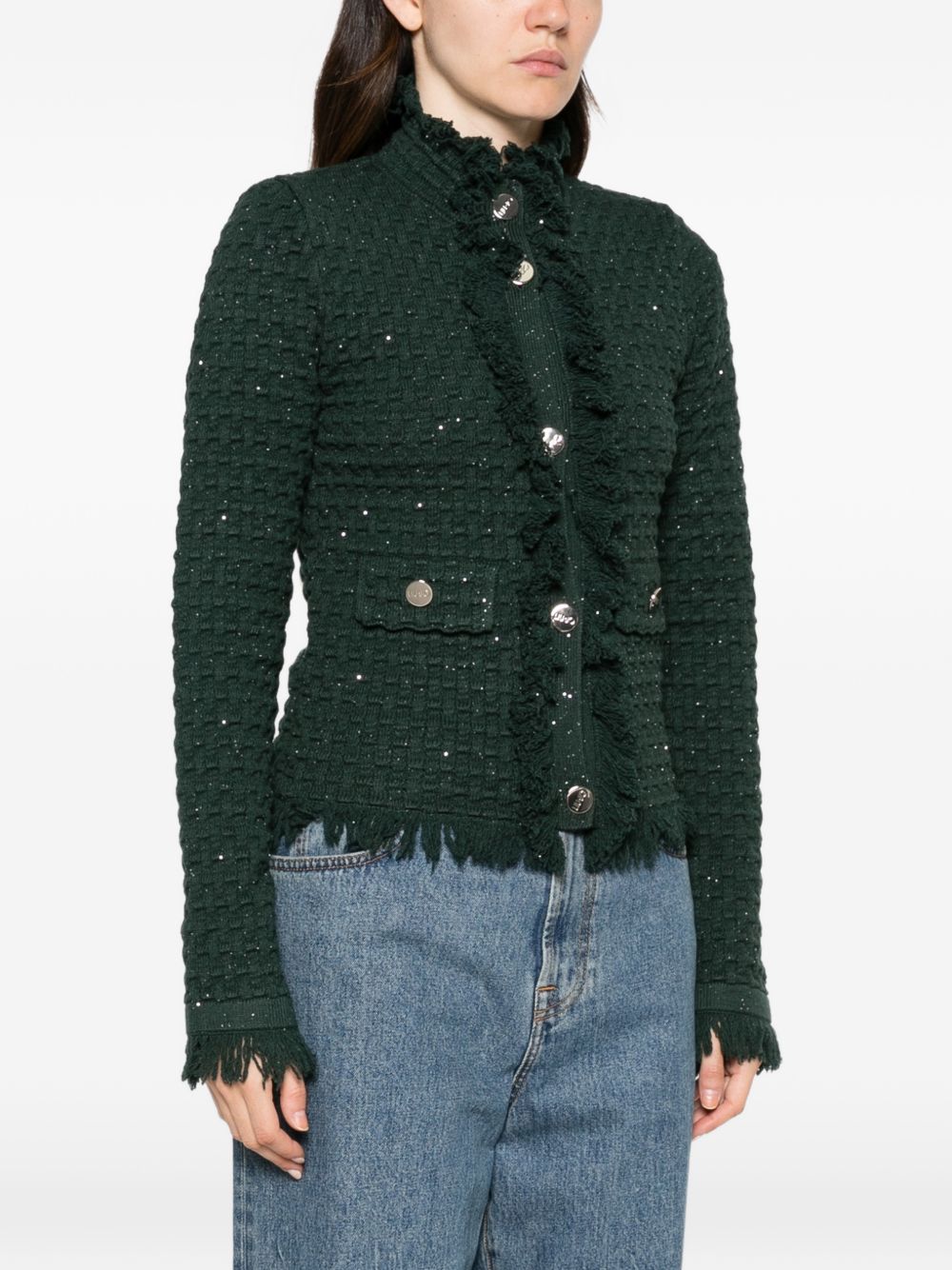 LIUJO Cardigan verde con bordi sfrangiati