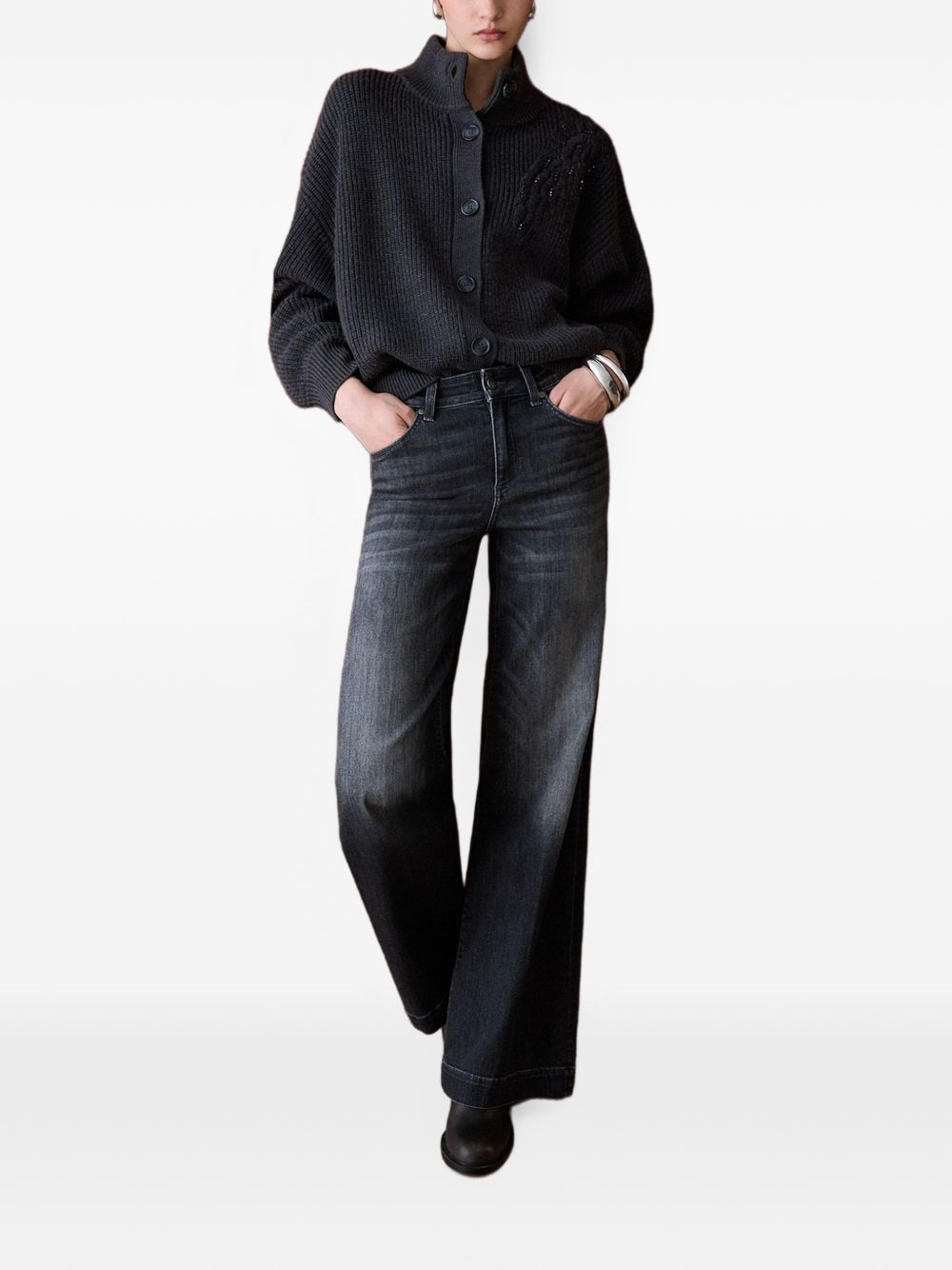 LIUJO Cardigan grigio in lana a collo alto con ricami e strass sulla spalla