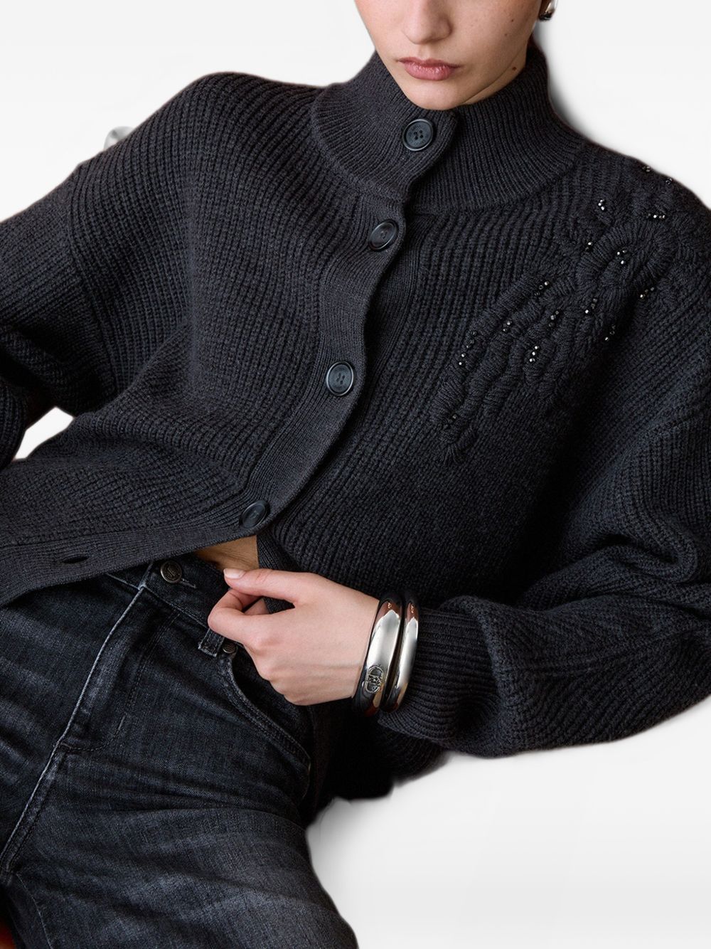 LIUJO Cardigan grigio in lana a collo alto con ricami e strass sulla spalla