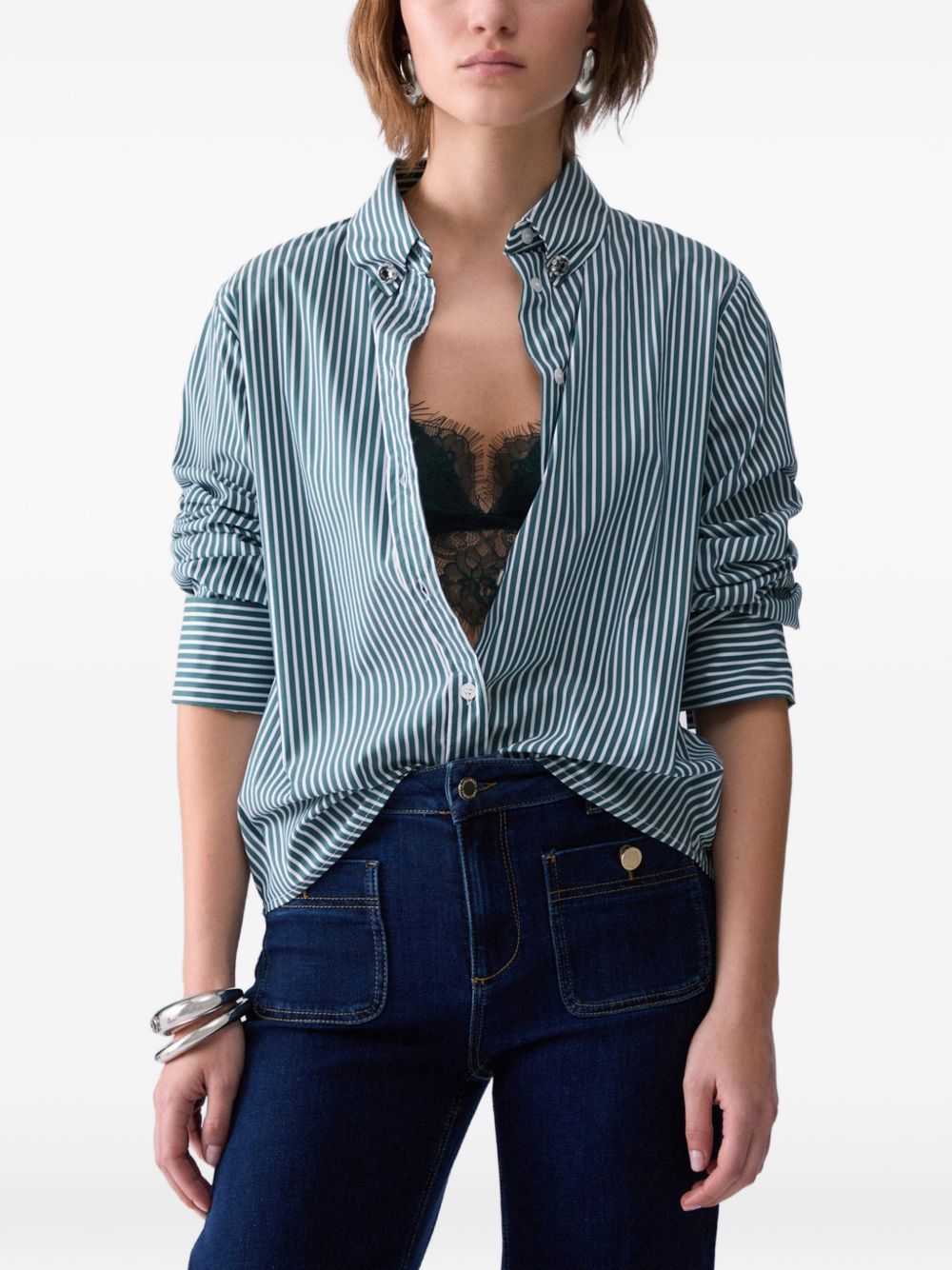 LIUJO Camicia a righe verde e bianca in cotone