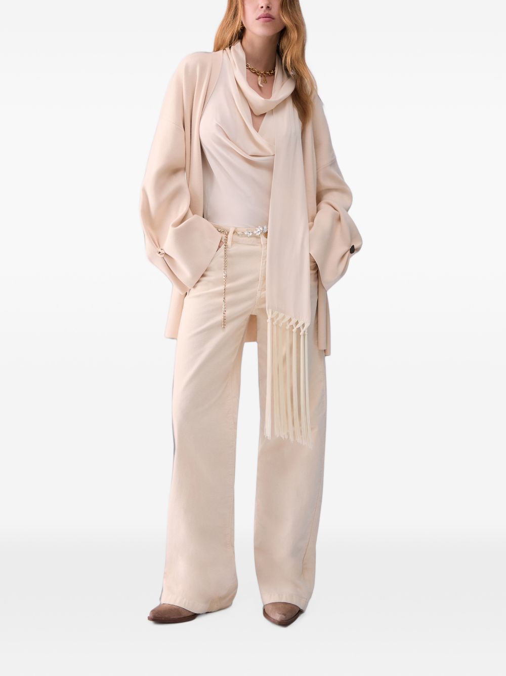 LIUJO Top color crema senza maniche con collo lavallière e frange
