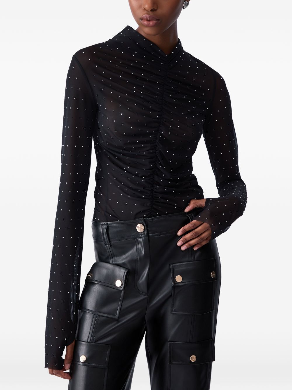 LIUJO Maglia nera a collo alto con texture drappeggiata e strass