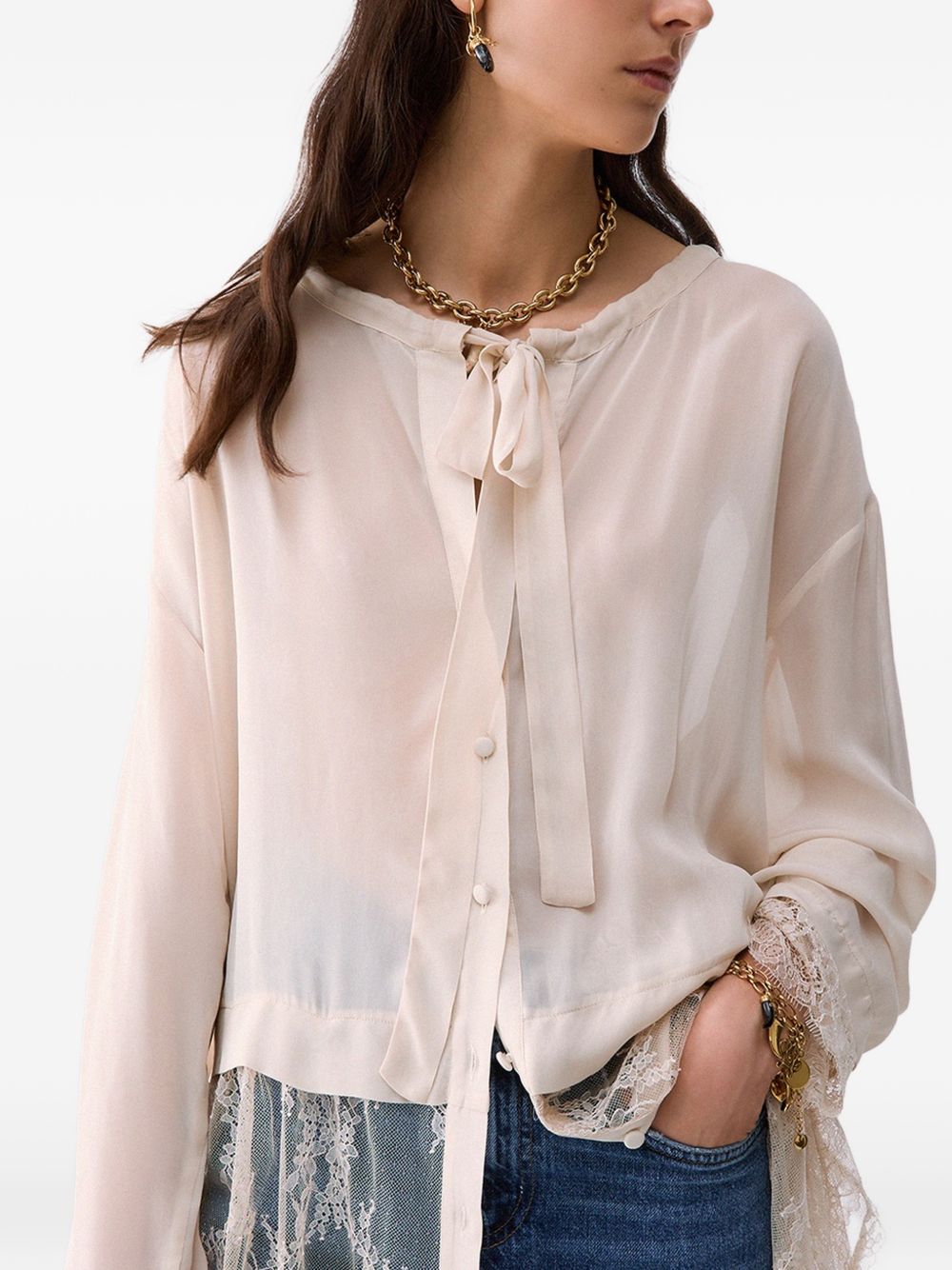 LIUJO Camicia bianca con velo lungo in pizzo trasparente