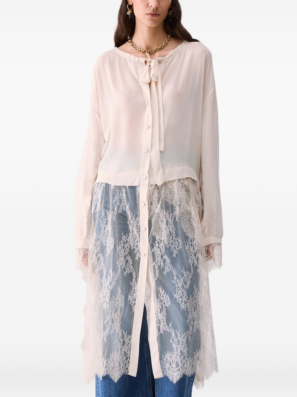 LIUJO Camicia bianca con velo lungo in pizzo trasparente
