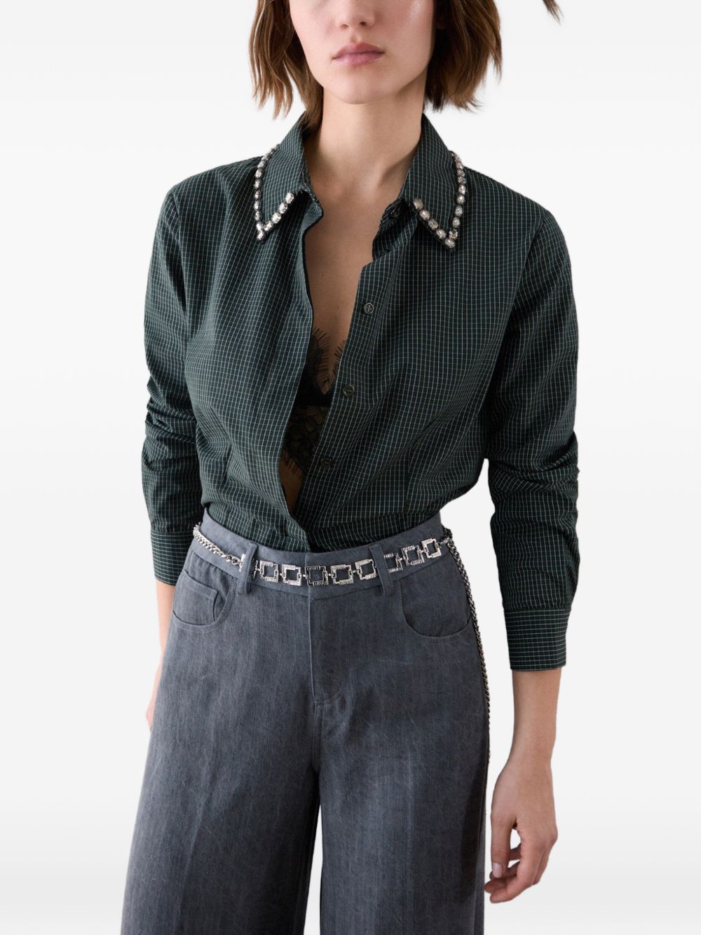 LIUJO Camicia verde a quadretti con strass sul colletto