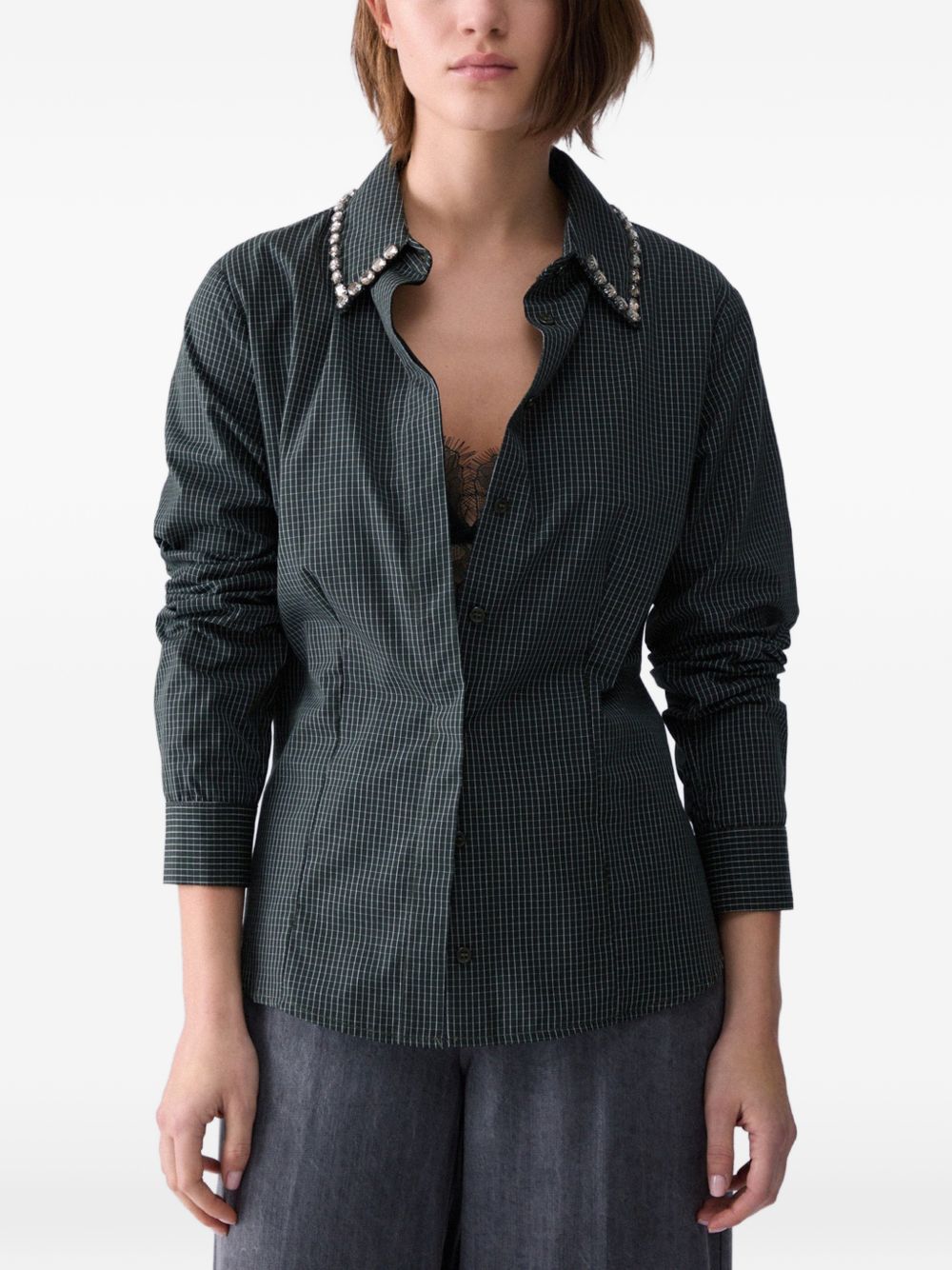 LIUJO Camicia verde a quadretti con strass sul colletto
