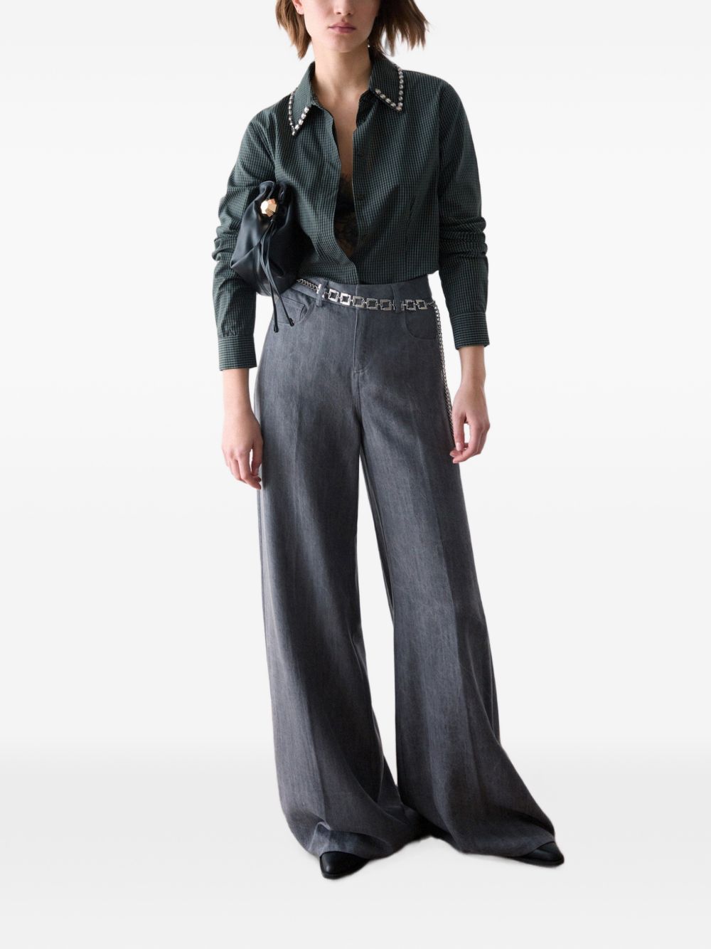LIUJO Camicia verde a quadretti con strass sul colletto