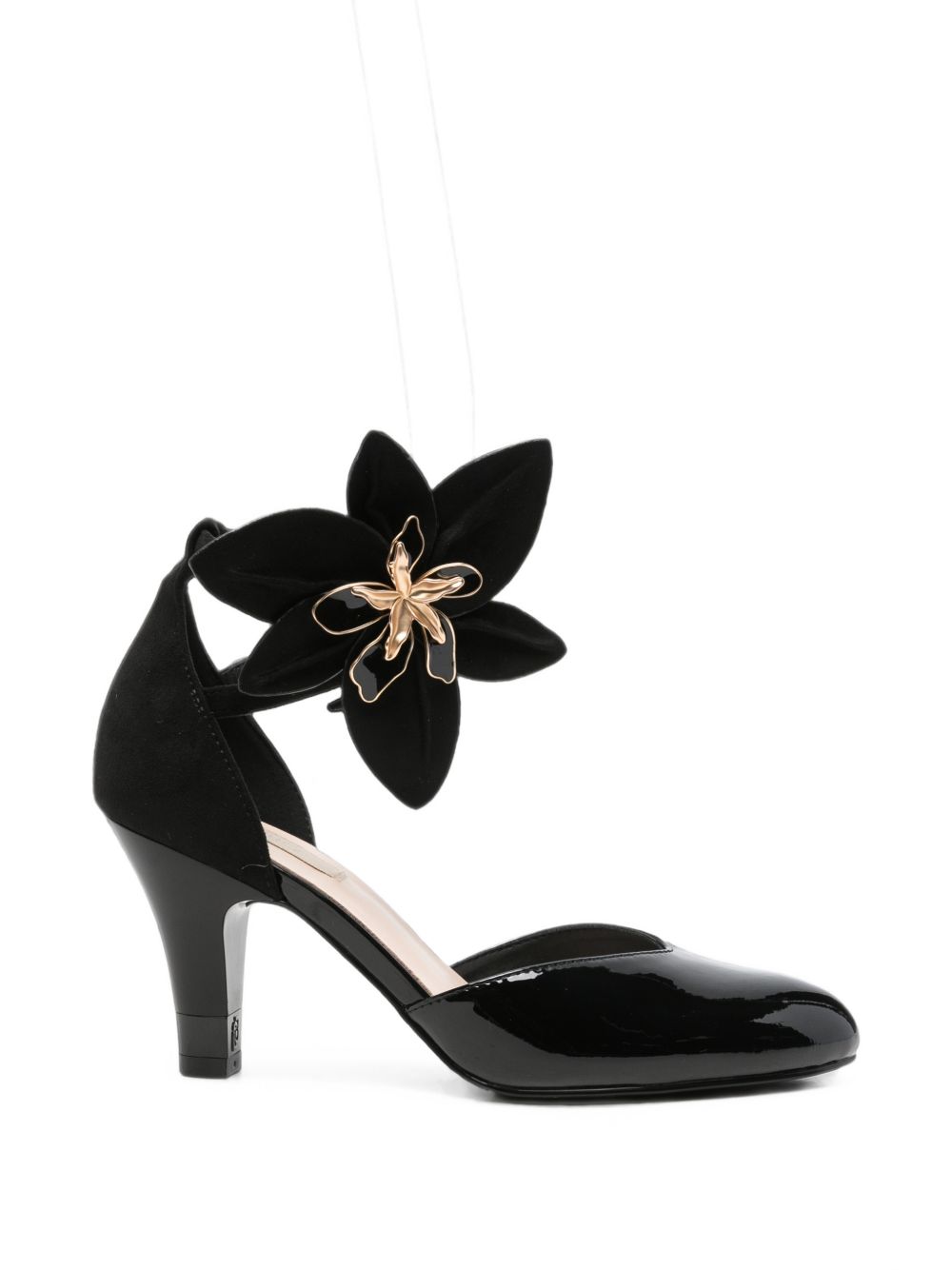 LIUJO Sandalo nero in pelle lucida con maxi fiore