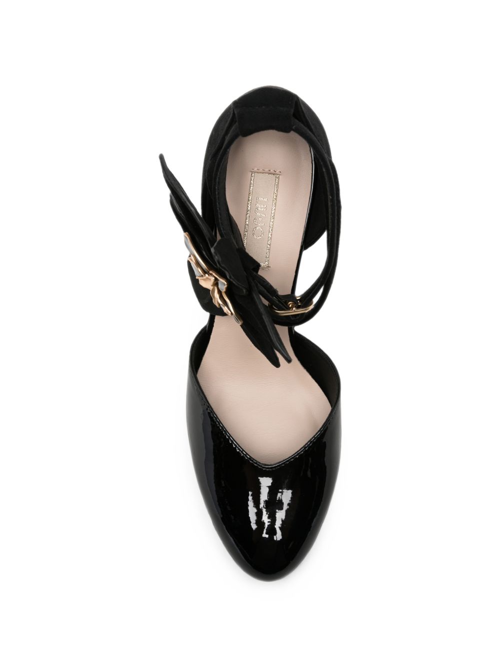 LIUJO Sandalo nero in pelle lucida con maxi fiore