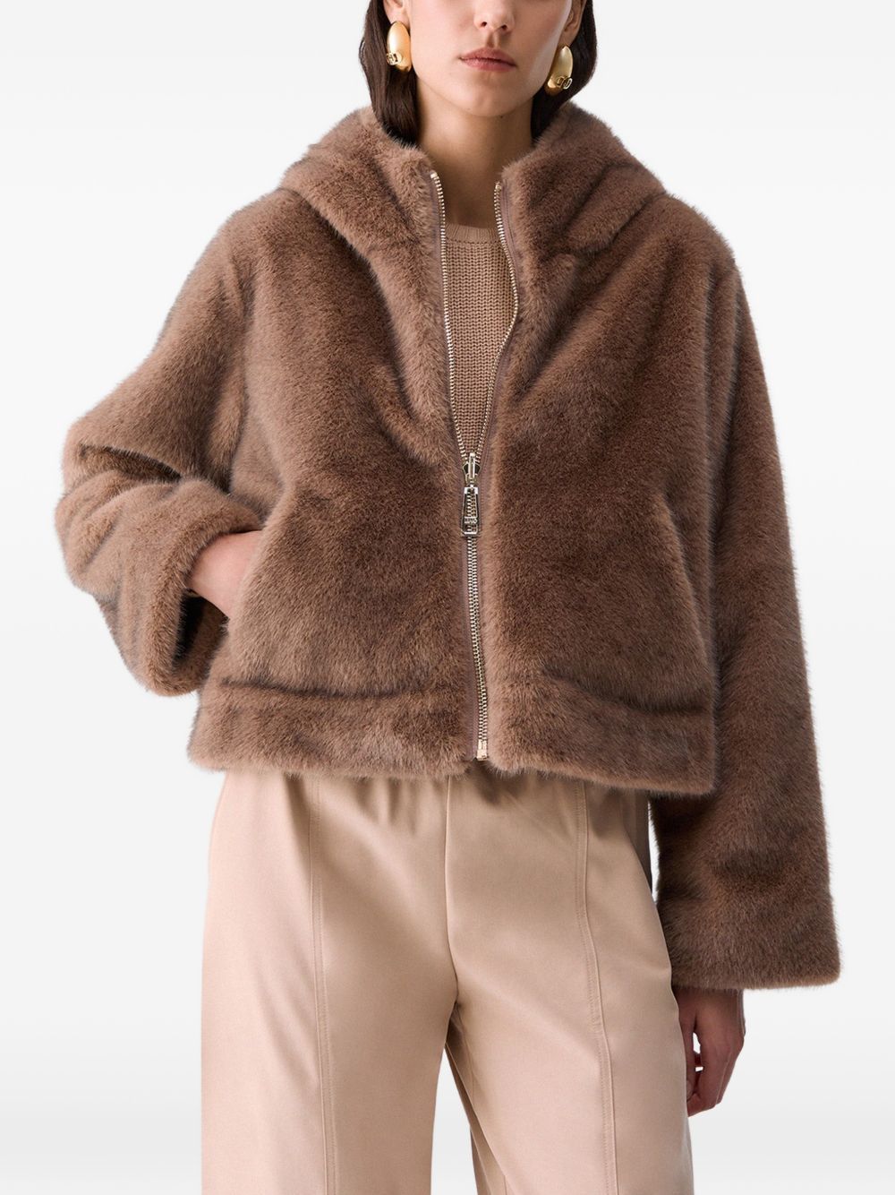 LIUJO Ecopelliccia marrone con cappuccio e tasche