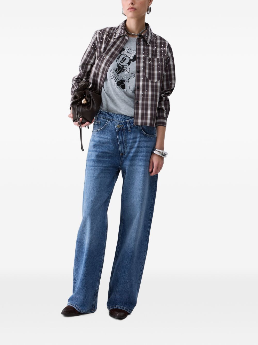 LIUJO Camicia tartan marrone a quadretti con strass