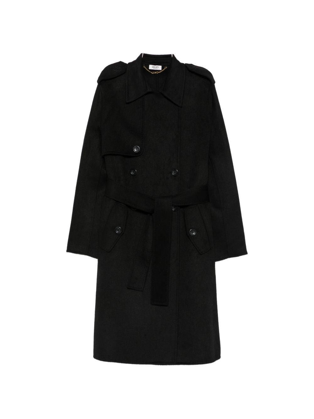 LIUJO Cappotto lungo nero in lana con cintura in vita
