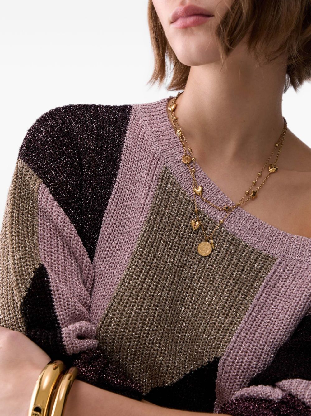 LIUJO Maglia con scollo a barca e texture geometrica marrone, rosa e beige