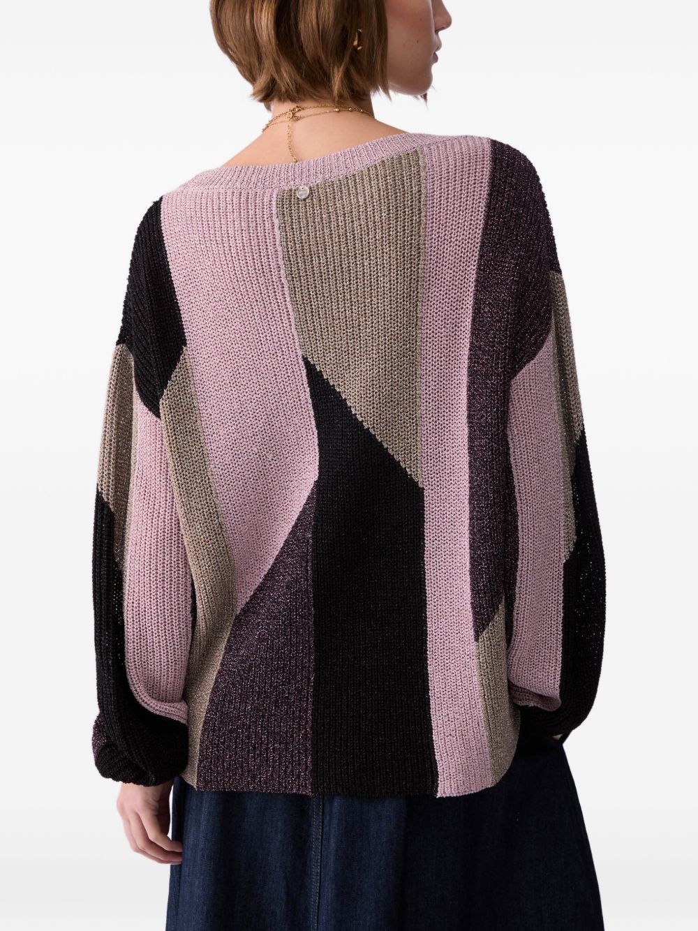LIUJO Maglia con scollo a barca e texture geometrica marrone, rosa e beige