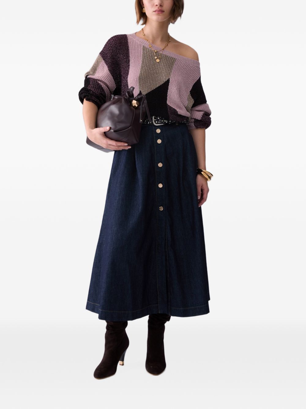 LIUJO Maglia con scollo a barca e texture geometrica marrone, rosa e beige