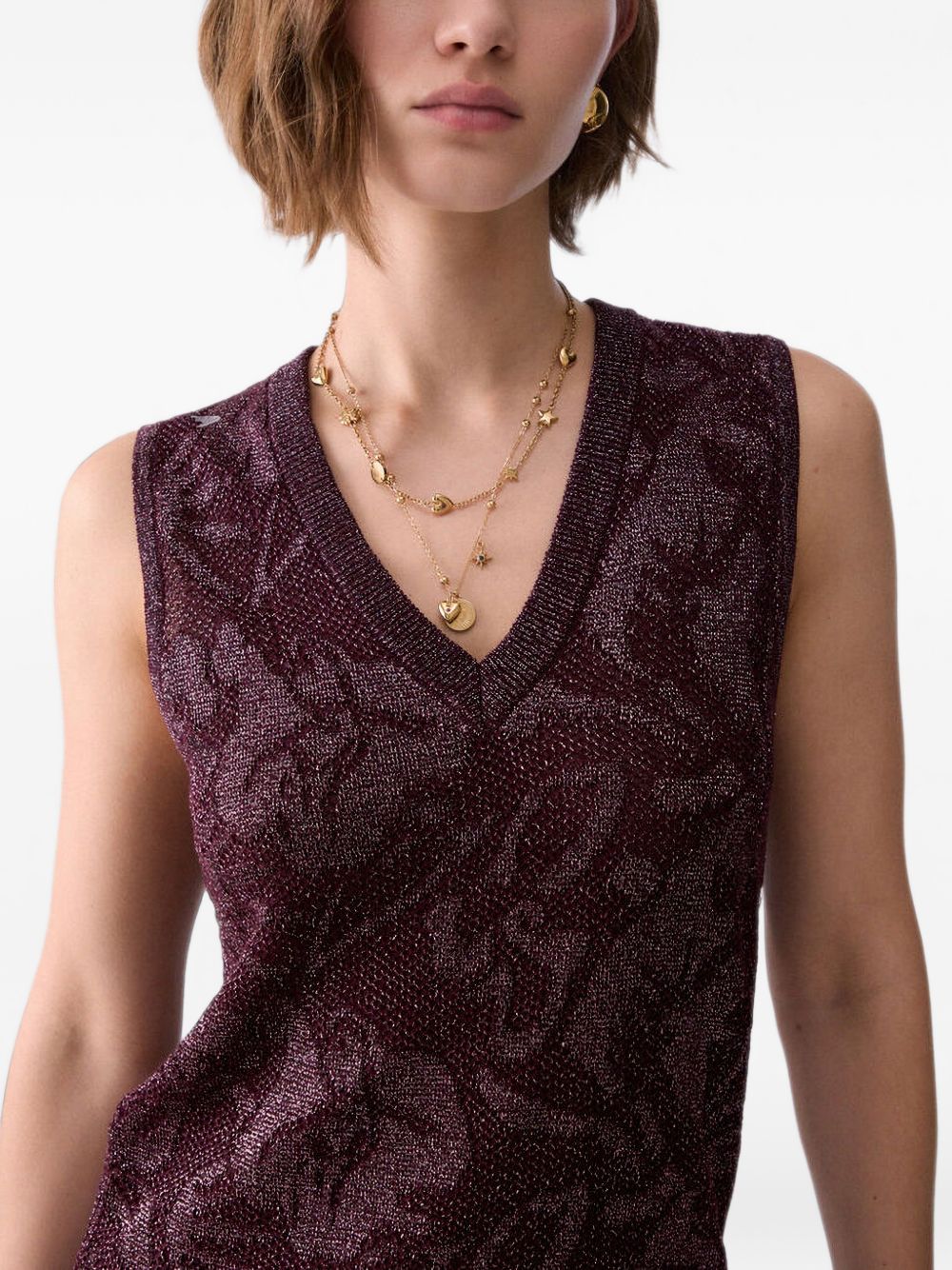 LIUJO Top viola senza maniche con scollo a V in cotone e strass