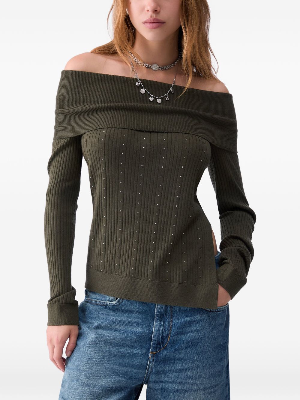 LIUJO Maglia verde oliva in lana con scollo Bardot e spacco laterale