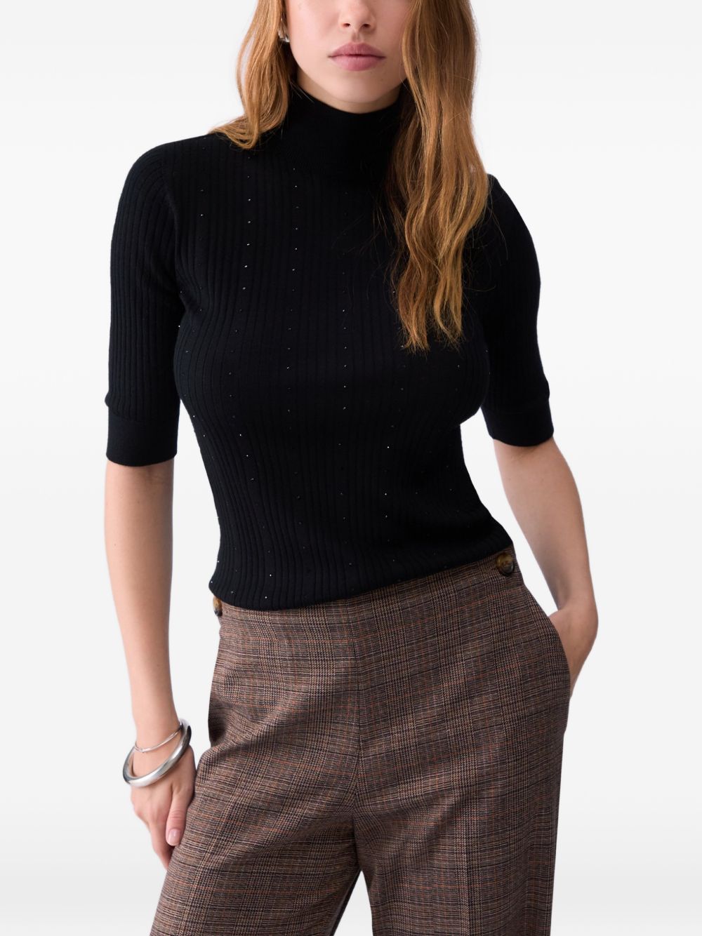 LIUJO Maglia nera a collo alto con maniche a 3/4 in lana