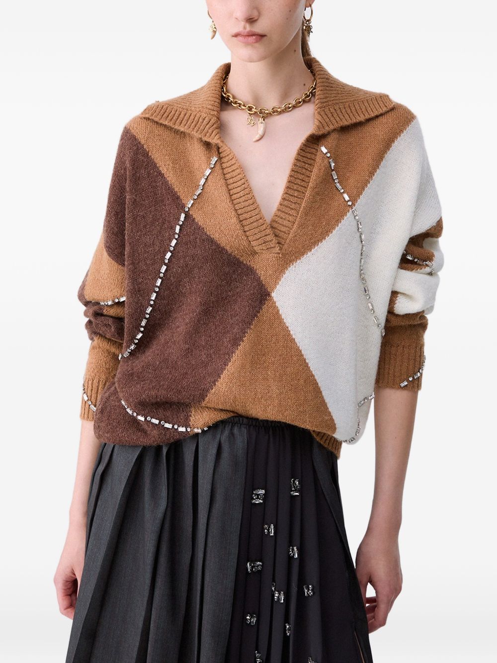 LIUJO Maglia marrone a rombi con strass