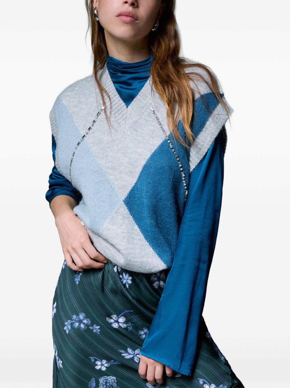 LIUJO Gilet blu a rombi con strass